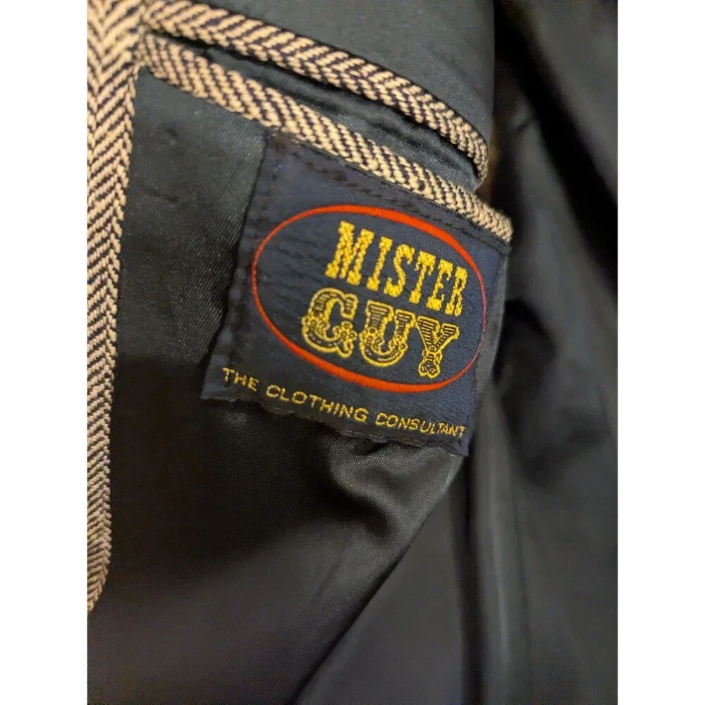 Mister Guy Herringbone Tweed Sport Coat Blazer Gray Black White Men's 36L Read